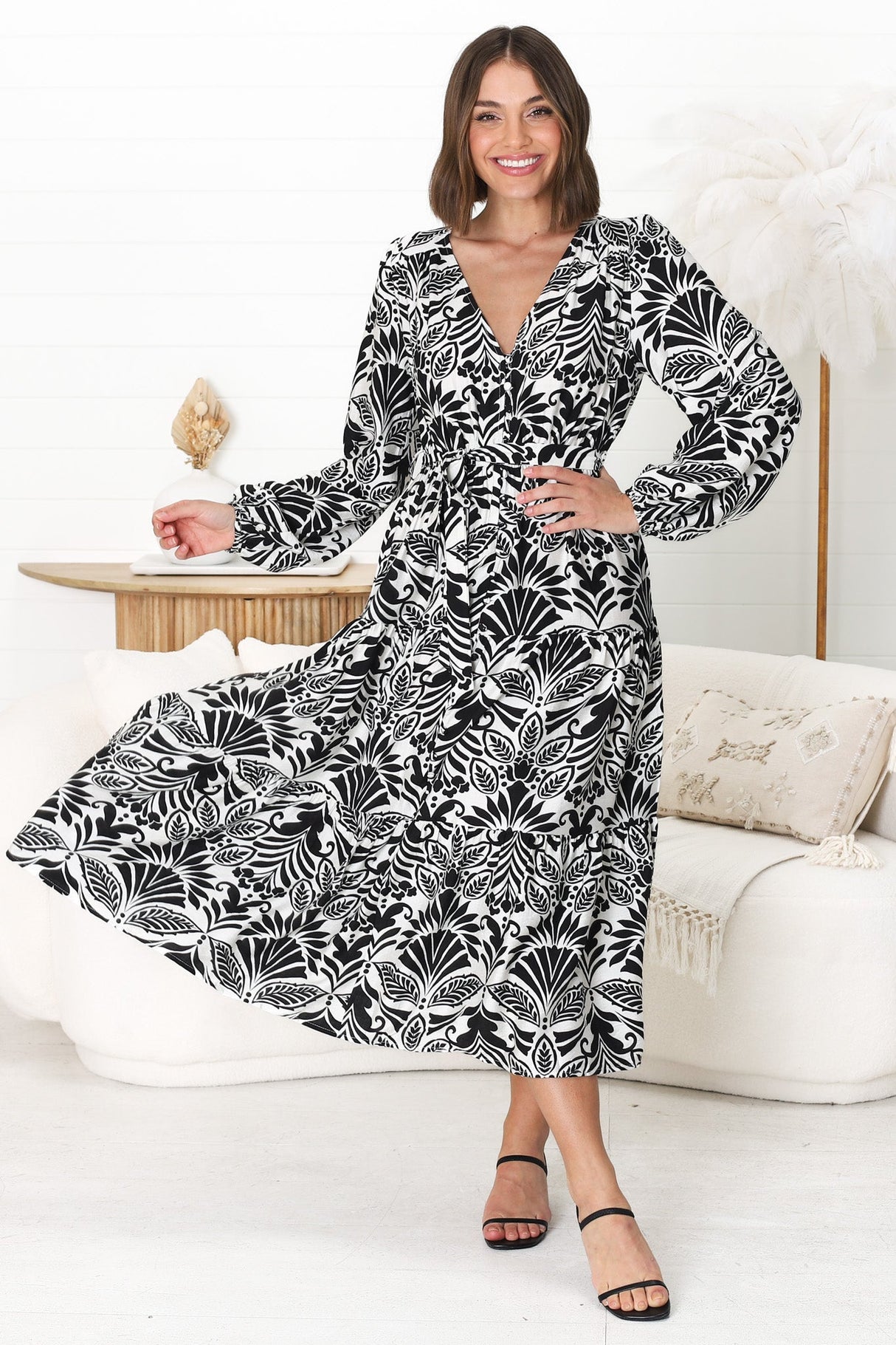 Freya Midi Dress -  V Neck A-Line Dress with Balloon Sleeves in Harriette Print Black