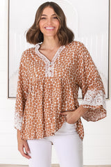 Kori Top - Lace Trim Flute Sleeve Smock Top in Aminah Print Rust