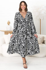 Freya Midi Dress -  V Neck A-Line Dress with Balloon Sleeves in Harriette Print Black