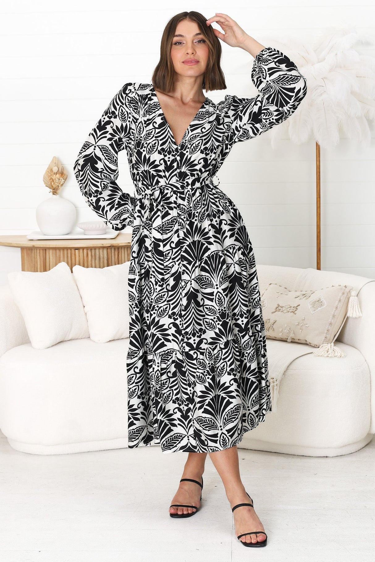 Freya Midi Dress -  V Neck A-Line Dress with Balloon Sleeves in Harriette Print Black