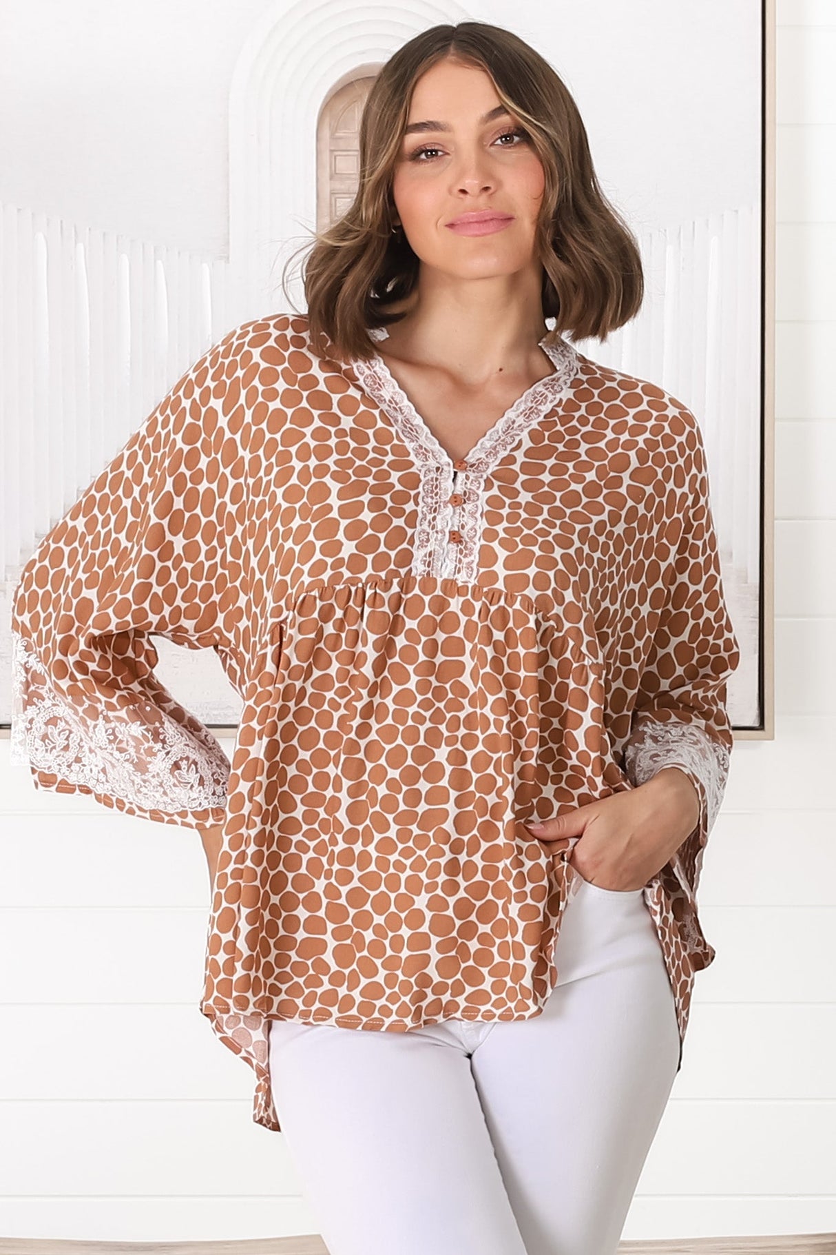 Kori Top - Lace Trim Flute Sleeve Smock Top in Aminah Print Rust