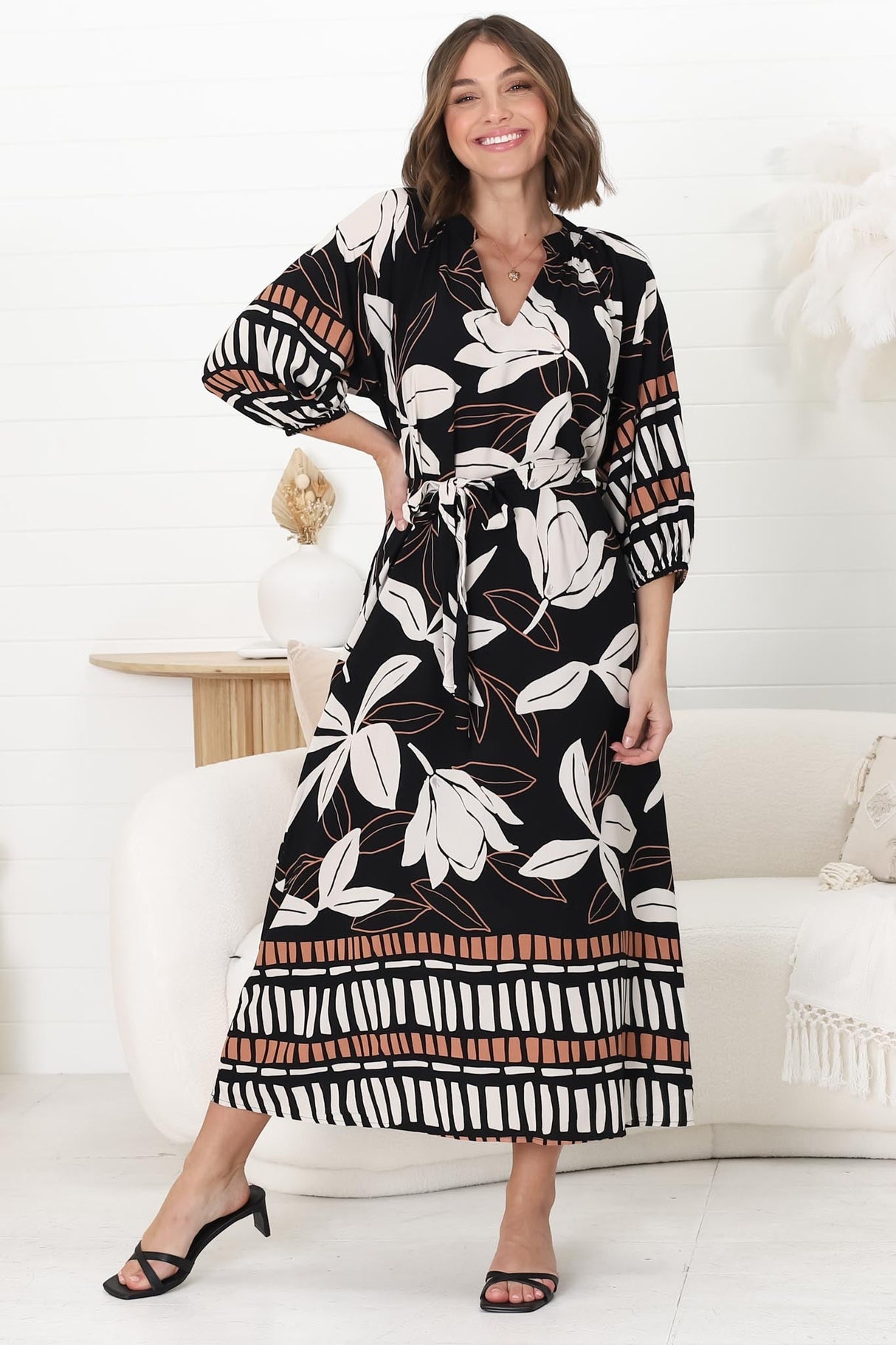 Janet Midi Dress - V Neck Dress with Matching Belt in Ravenna Print