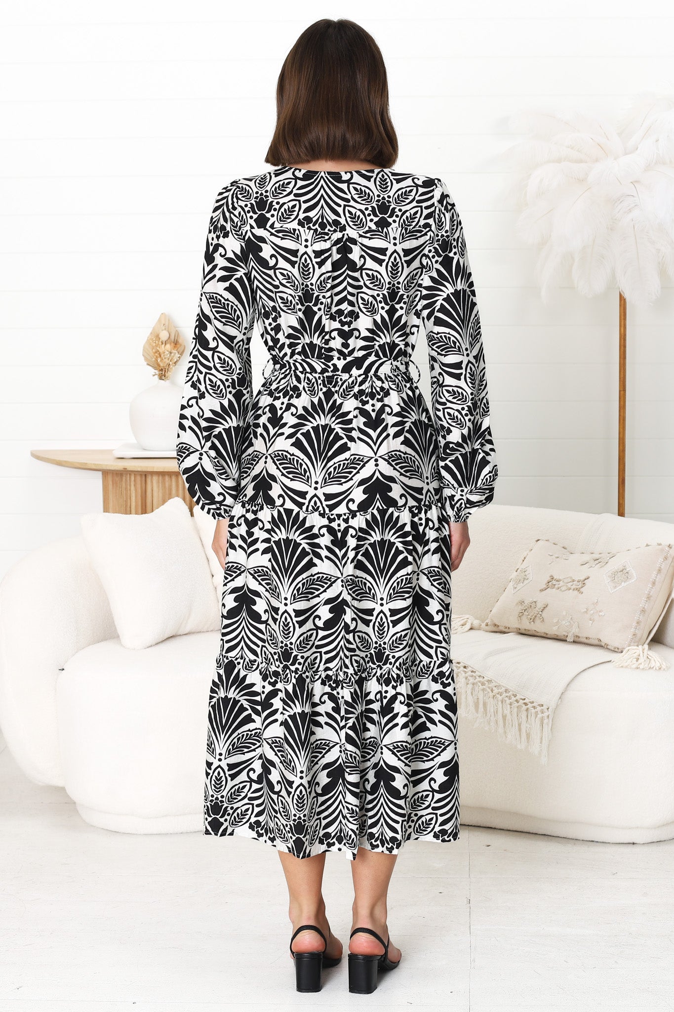 Freya Midi Dress -  V Neck A-Line Dress with Balloon Sleeves in Harriette Print Black