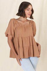 Harlen Top - On or Off Shoulder Tiered Top in Tan