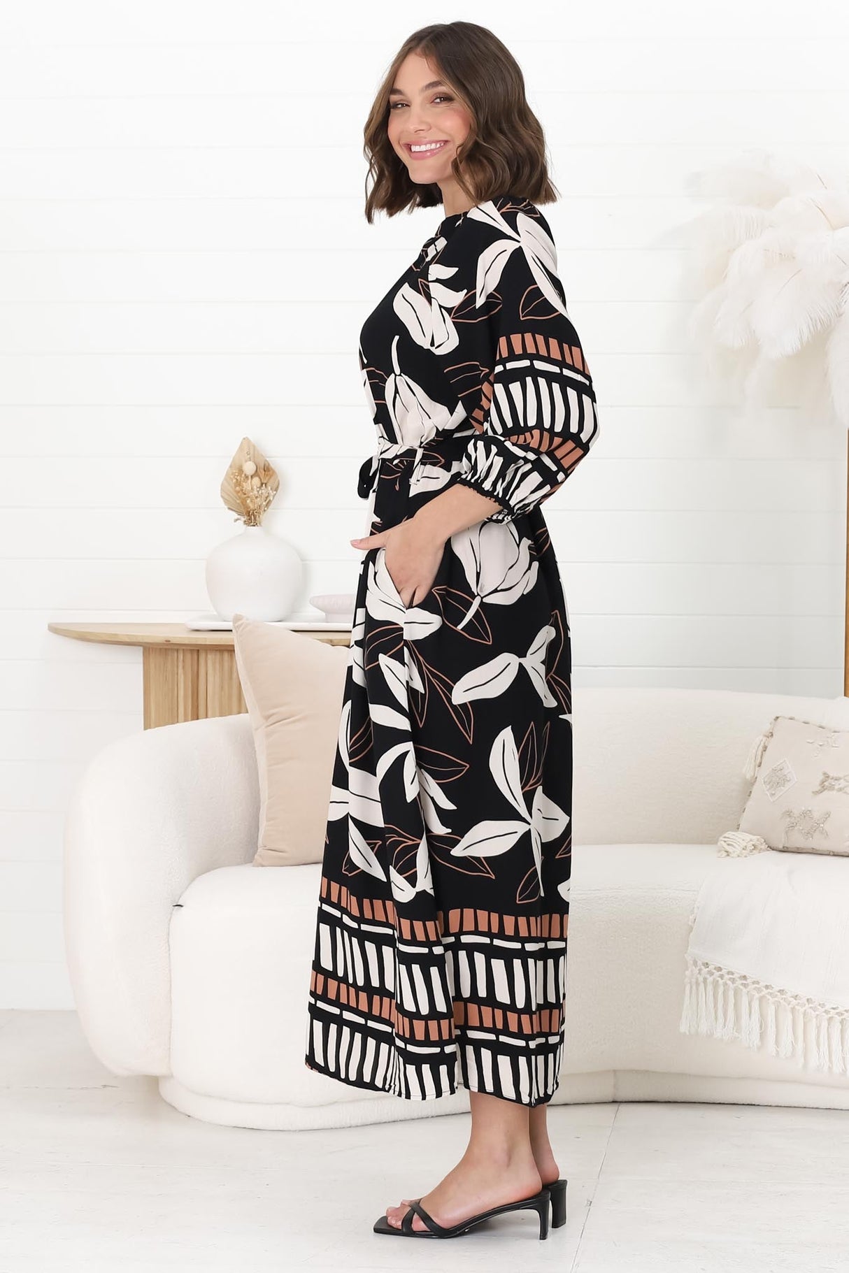 Janet Midi Dress - V Neck Dress with Matching Belt in Ravenna Print