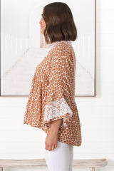 Kori Top - Lace Trim Flute Sleeve Smock Top in Aminah Print Rust