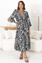 Freya Midi Dress -  V Neck A-Line Dress with Balloon Sleeves in Harriette Print Black