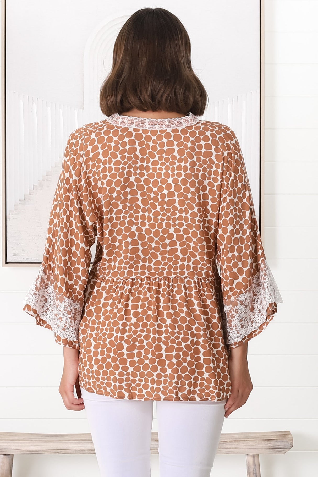 Kori Top - Lace Trim Flute Sleeve Smock Top in Aminah Print Rust