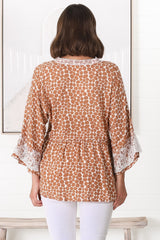 Kori Top - Lace Trim Flute Sleeve Smock Top in Aminah Print Rust