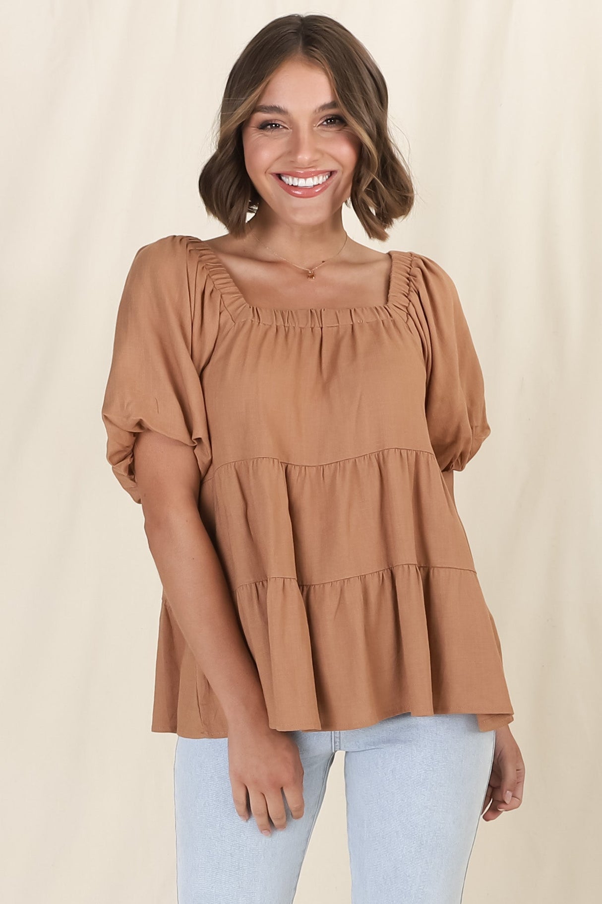 Harlen Top - On or Off Shoulder Tiered Top in Tan