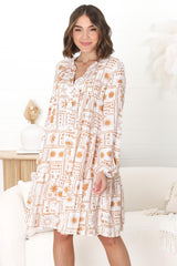 Donna Mini Dress - Mandarin Collar Pintuck Detailed Smock Dress in Cailan Print White