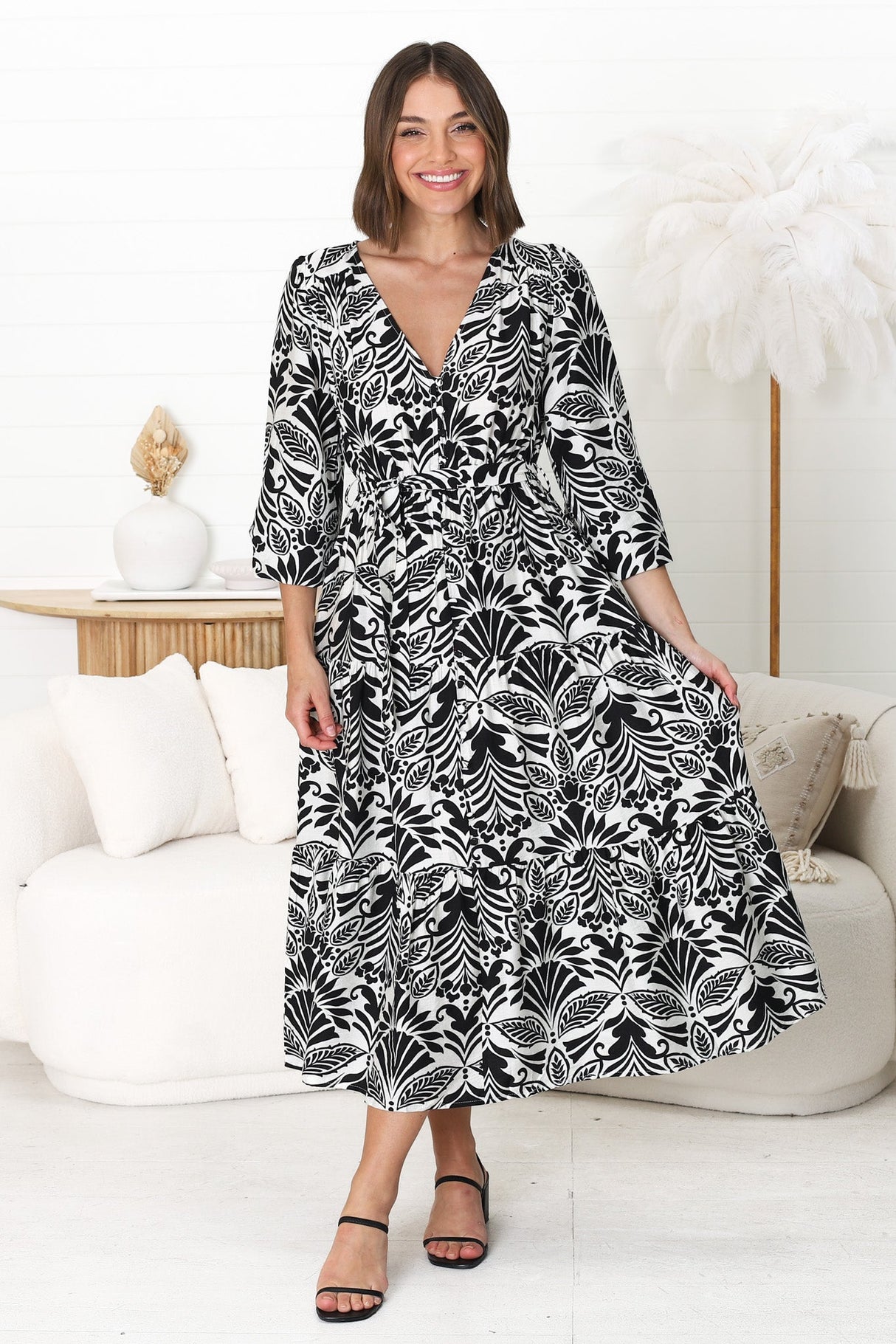 Freya Midi Dress -  V Neck A-Line Dress with Balloon Sleeves in Harriette Print Black