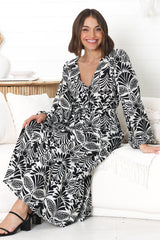 Freya Midi Dress -  V Neck A-Line Dress with Balloon Sleeves in Harriette Print Black