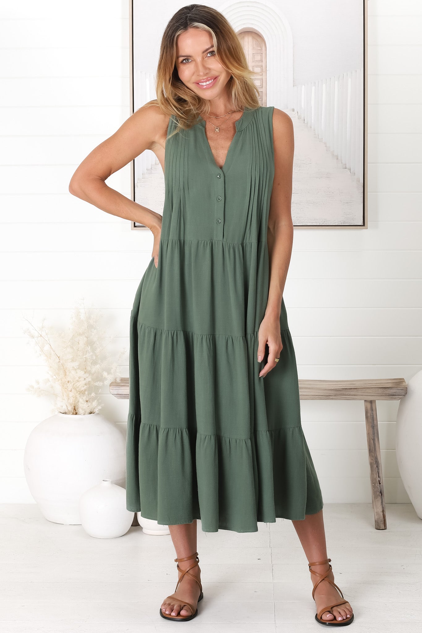 Aurora Midi Dress - Sleeveless Tiered Linen Dress with Pleated Bust in Green