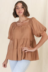 Harlen Top - On or Off Shoulder Tiered Top in Tan