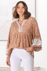 Kori Top - Lace Trim Flute Sleeve Smock Top in Aminah Print Rust