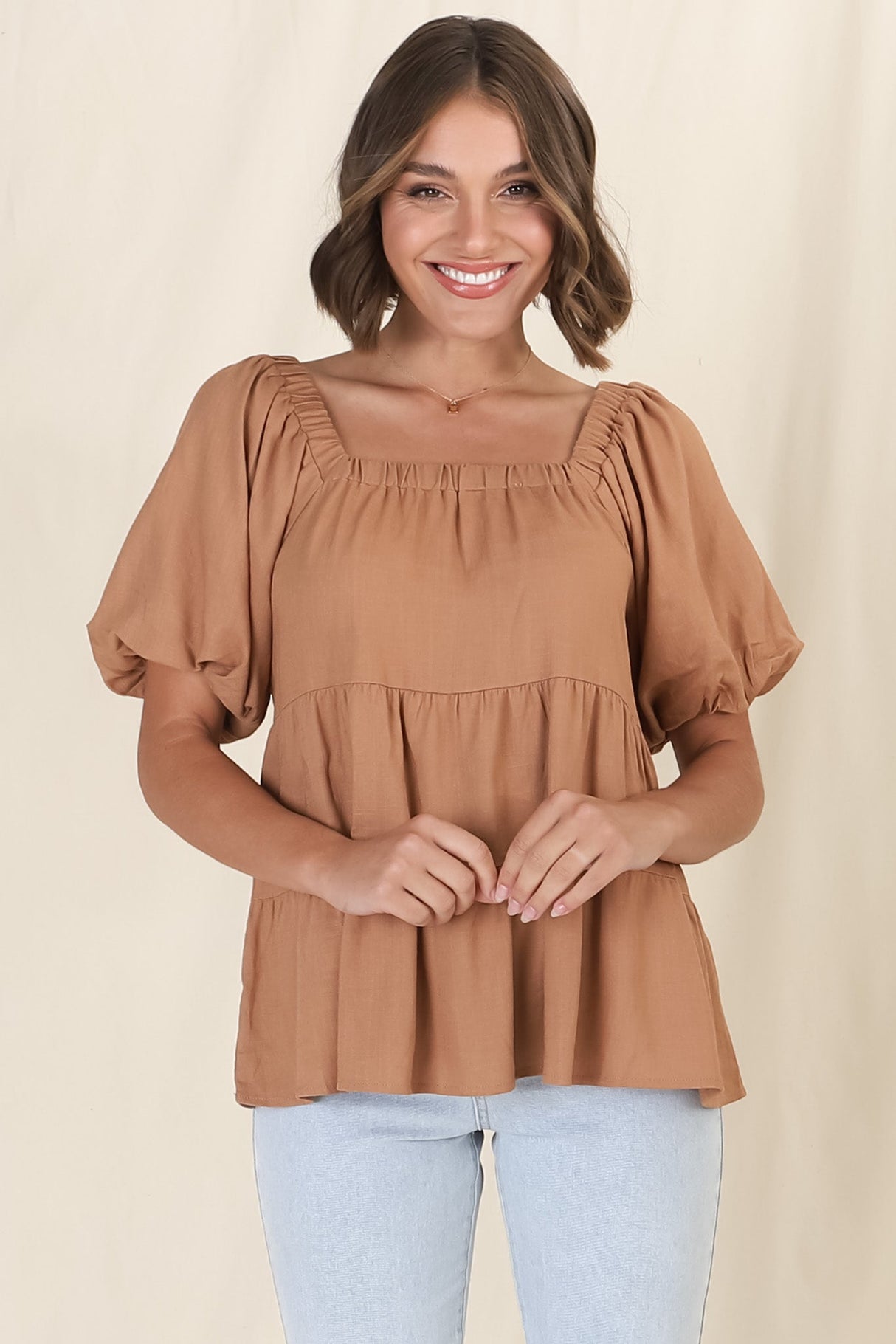 Harlen Top - On or Off Shoulder Tiered Top in Tan