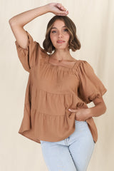 Harlen Top - On or Off Shoulder Tiered Top in Tan