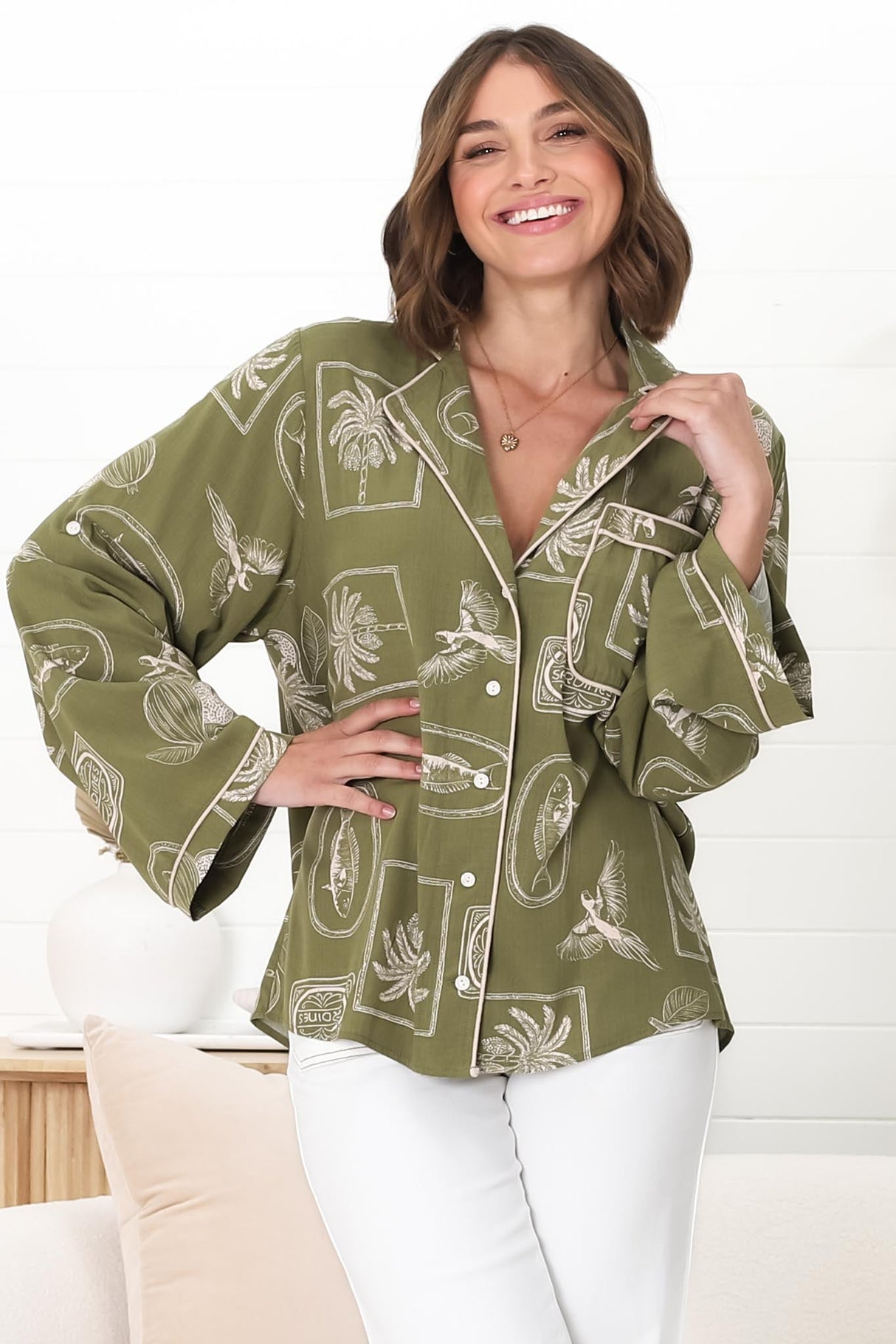 Shirley Shirt - Folded Collar Button Down Relaxed Shirt In Saad Print