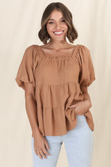 Harlen Top - On or Off Shoulder Tiered Top in Tan