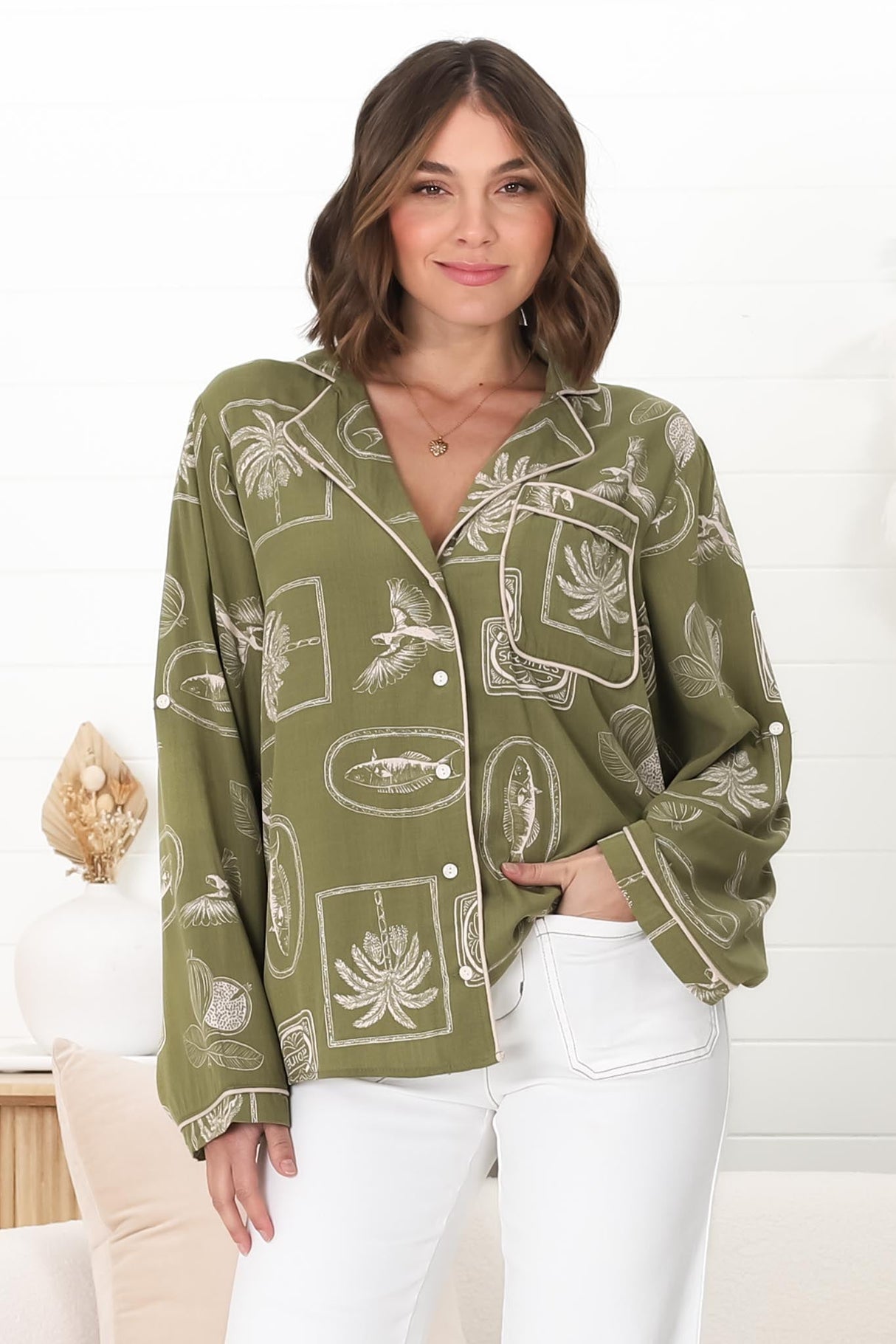 Shirley Shirt - Folded Collar Button Down Relaxed Shirt In Saad Print