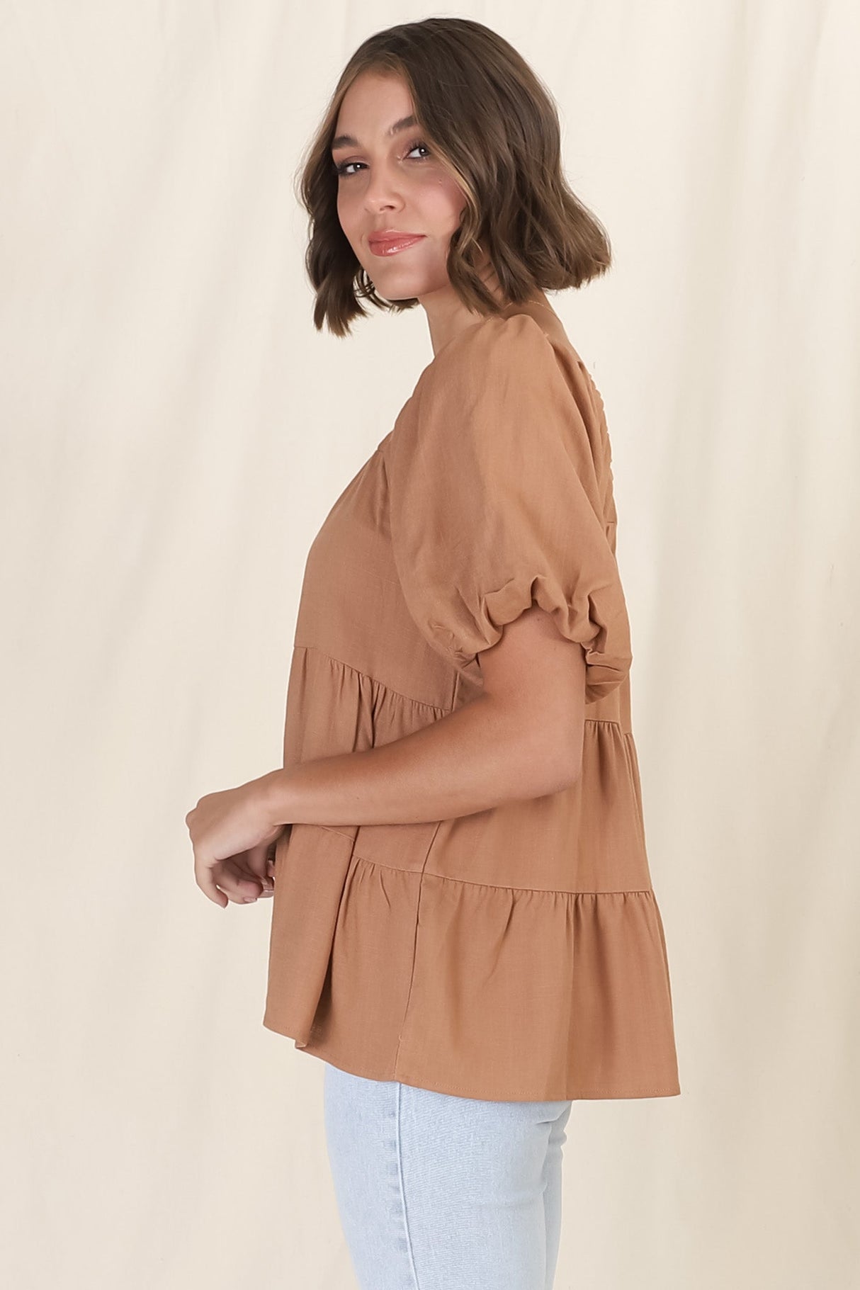 Harlen Top - On or Off Shoulder Tiered Top in Tan