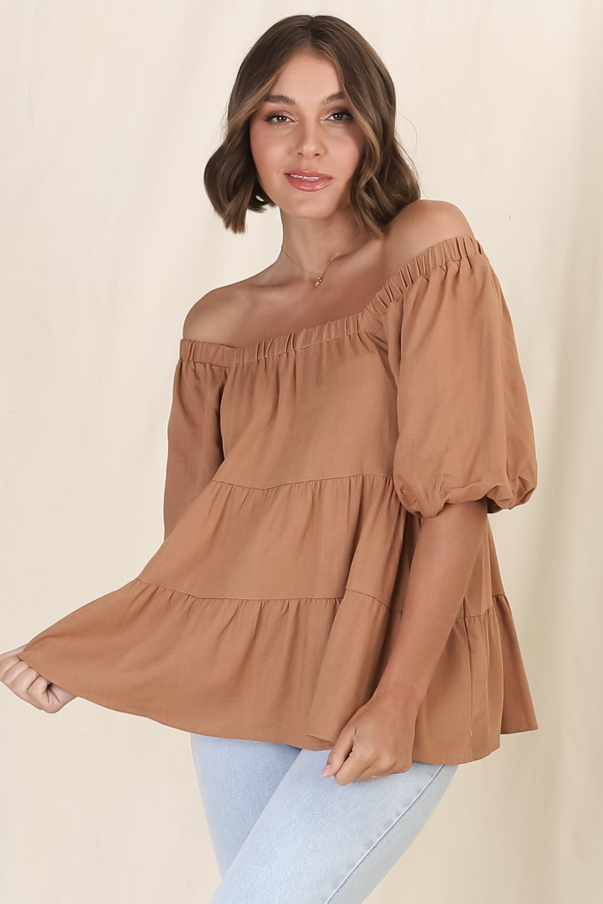 Harlen Top - On or Off Shoulder Tiered Top in Tan