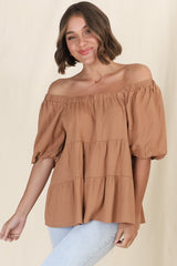 Harlen Top - On or Off Shoulder Tiered Top in Tan