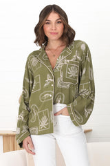 Shirley Shirt - Folded Collar Button Down Relaxed Shirt In Saad Print