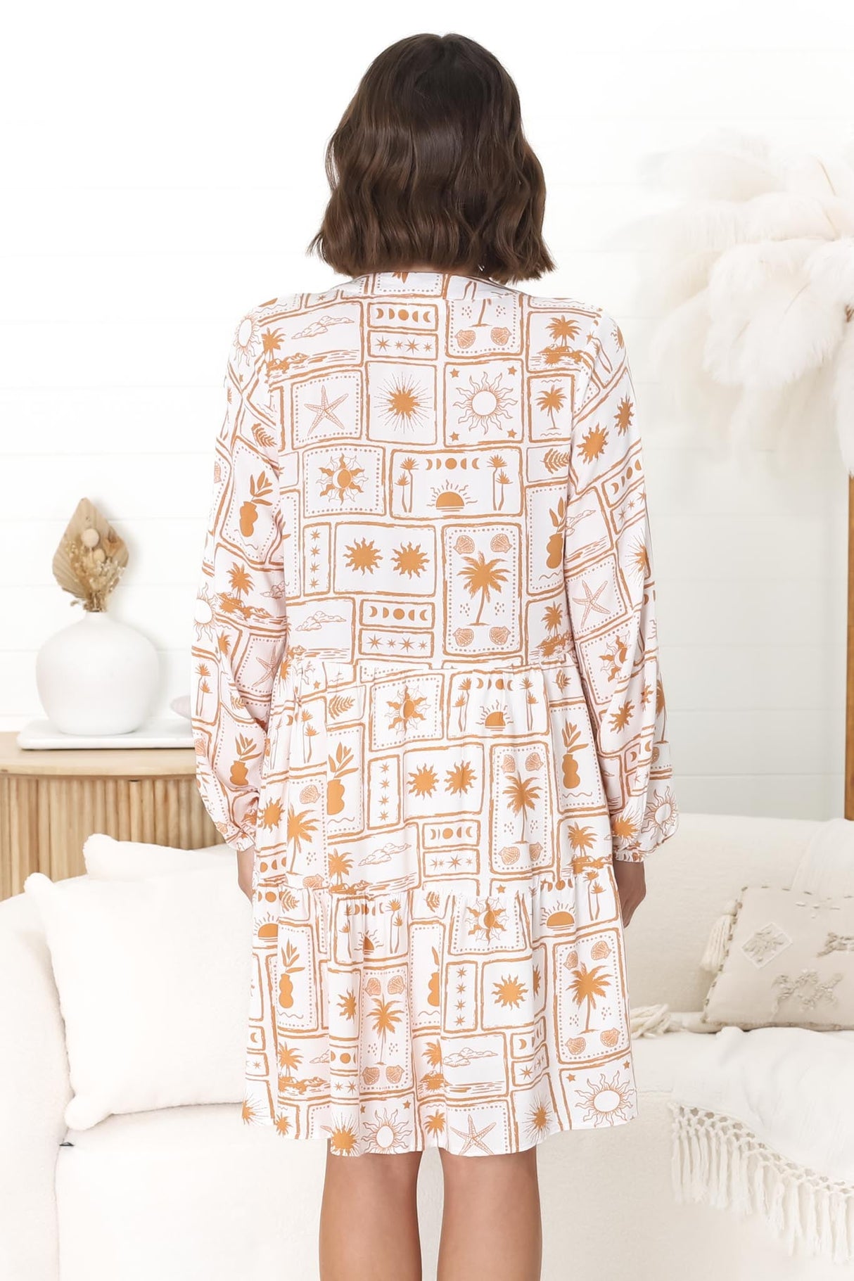 Donna Mini Dress - Mandarin Collar Pintuck Detailed Smock Dress in Cailan Print White