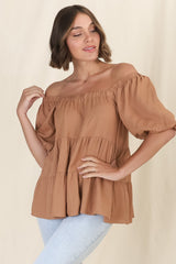 Harlen Top - On or Off Shoulder Tiered Top in Tan