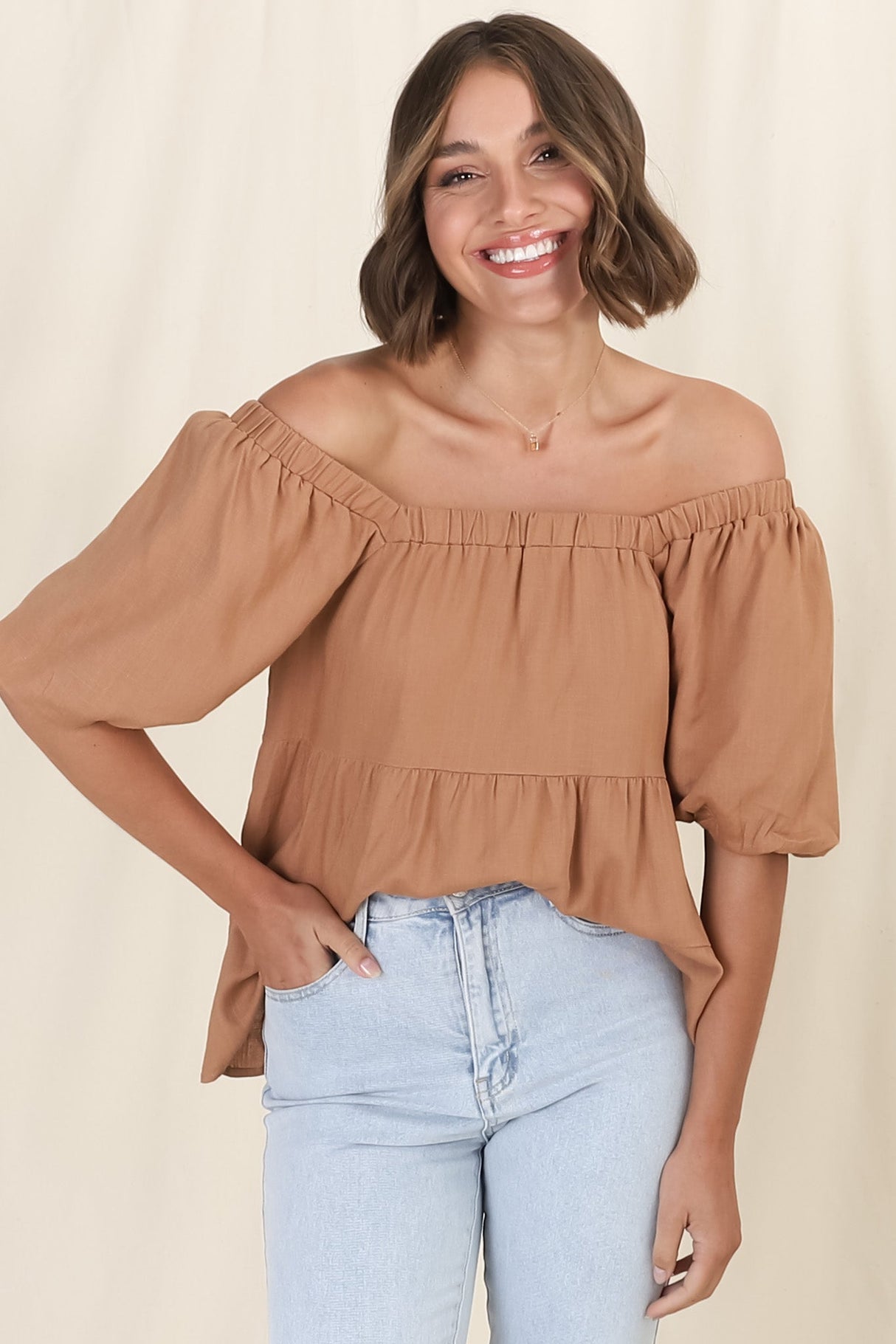 Harlen Top - On or Off Shoulder Tiered Top in Tan