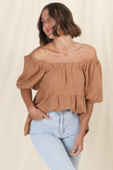 Harlen Top - On or Off Shoulder Tiered Top in Tan