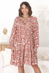 Donna Mini Dress - Mandarin Collar Pintuck Detailed Smock Dress in Cailan Print Rust