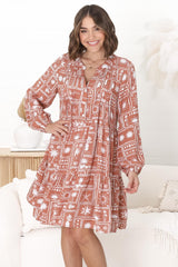 Donna Mini Dress - Mandarin Collar Pintuck Detailed Smock Dress in Cailan Print Rust