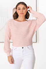 Celina Knit Top - Open Knit Stitch Boat Neckline Top in Blush