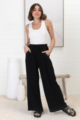 Bailie Linen Pants - Rick Rack Detailed Straight Leg Pants in Black