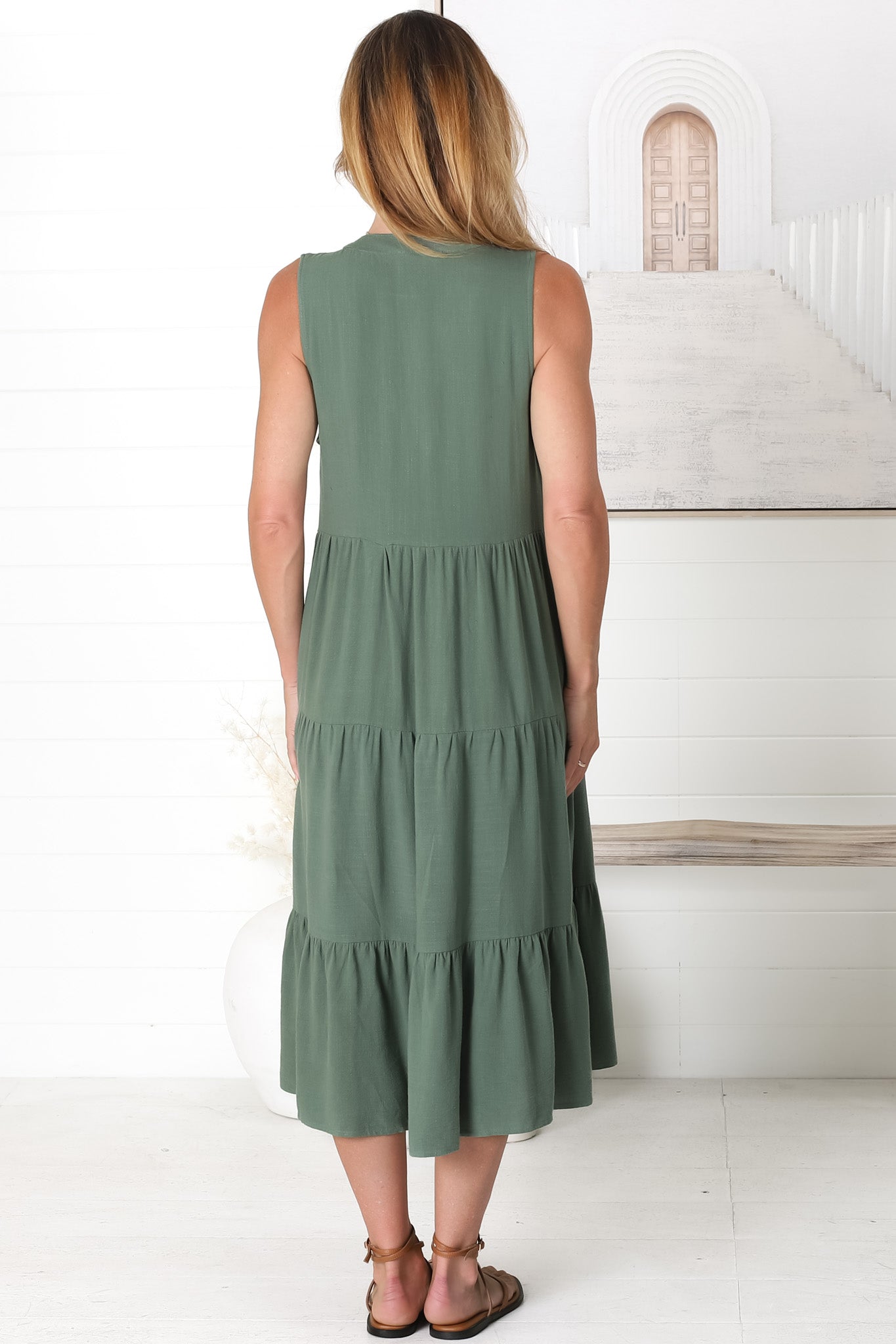 Aurora Midi Dress - Sleeveless Tiered Linen Dress with Pleated Bust in Green