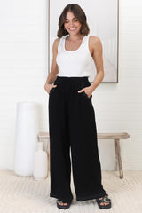 Bailie Linen Pants - Rick Rack Detailed Straight Leg Pants in Black