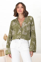 Shirley Shirt - Folded Collar Button Down Relaxed Shirt In Saad Print