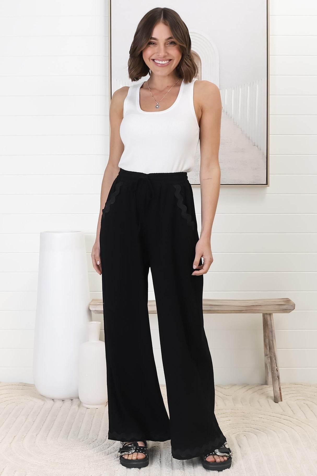 Bailie Linen Pants - Rick Rack Detailed Straight Leg Pants in Black