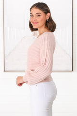 Celina Knit Top - Open Knit Stitch Boat Neckline Top in Blush