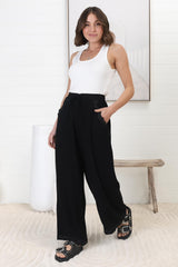 Bailie Linen Pants - Rick Rack Detailed Straight Leg Pants in Black