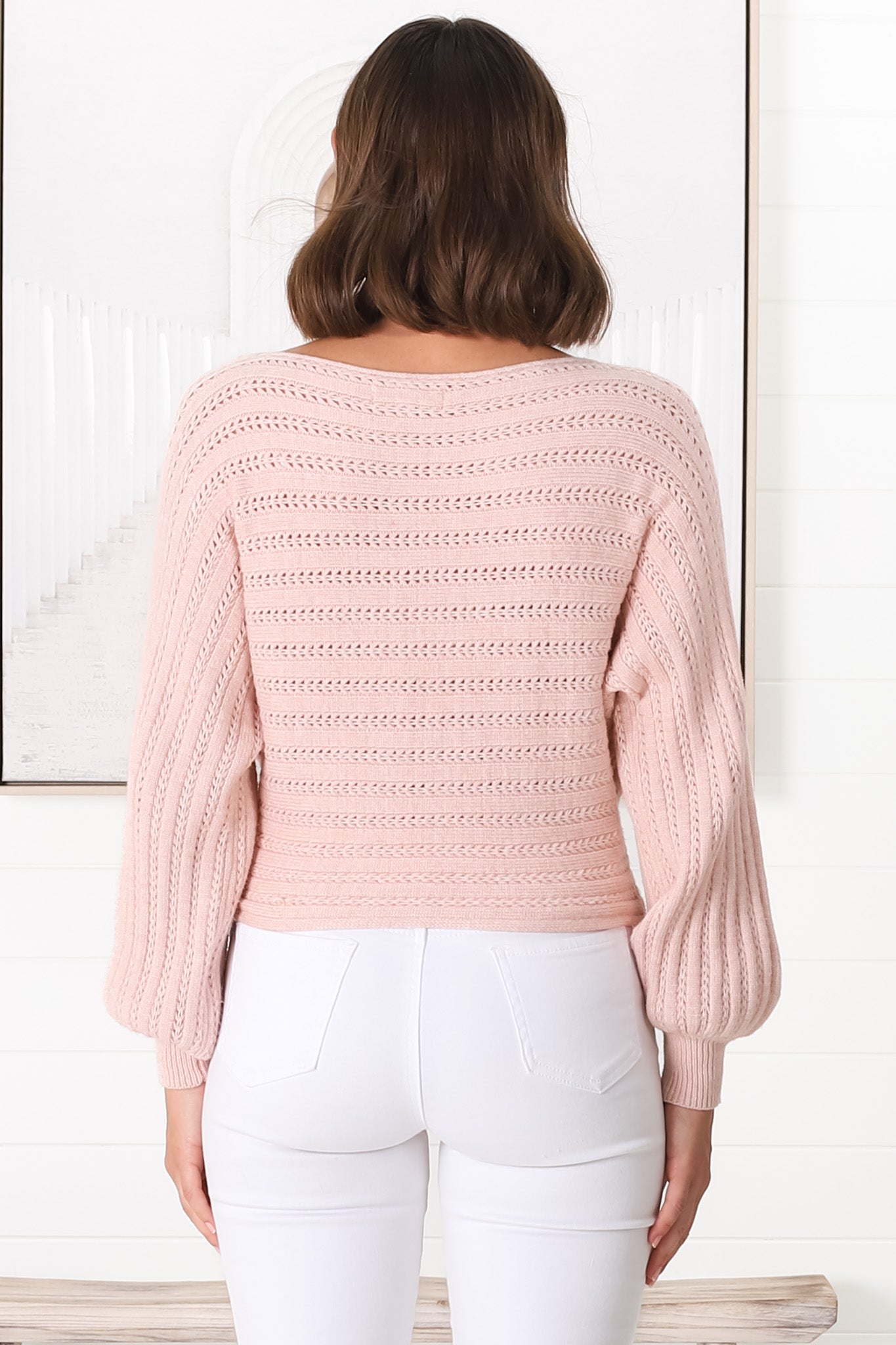 Celina Knit Top - Open Knit Stitch Boat Neckline Top in Blush