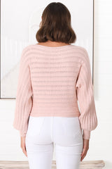 Celina Knit Top - Open Knit Stitch Boat Neckline Top in Blush