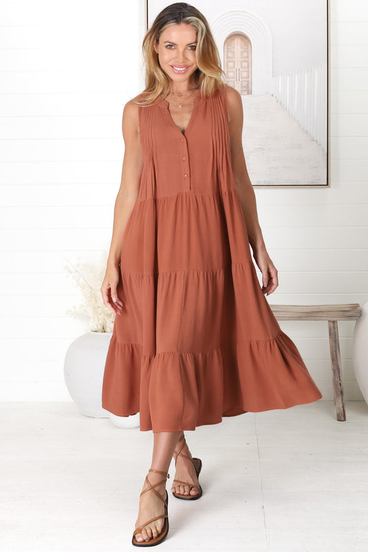 Aurora Midi Dress - Sleeveless Tiered Linen Dress with Pleated Bust in Rust