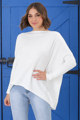 Belinda Knit Top - Boat Neckline Boxy Batwing Top in White