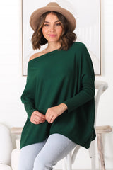 Belinda Knit Top - Boat Neckline Boxy Batwing Top in Dark Green