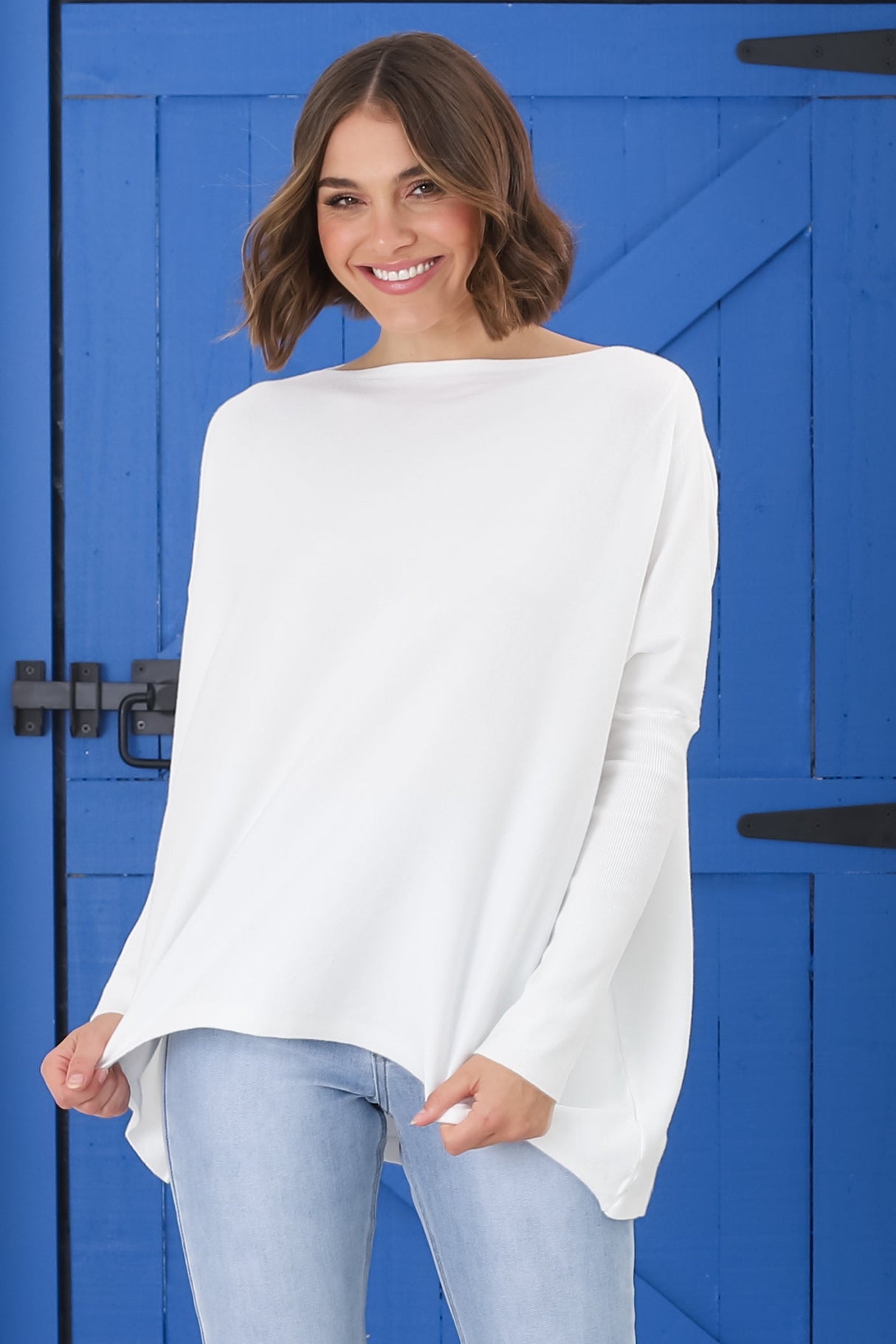 Belinda Knit Top - Boat Neckline Boxy Batwing Top in White