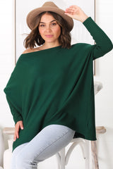 Belinda Knit Top - Boat Neckline Boxy Batwing Top in Dark Green